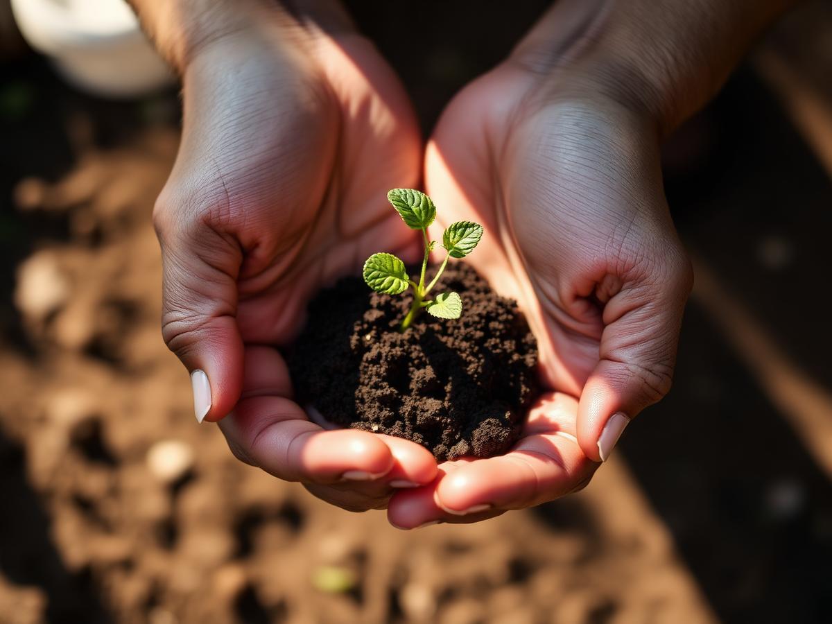 Two cupped hands holding soil and a small green seedling, lit by warm sunlight.